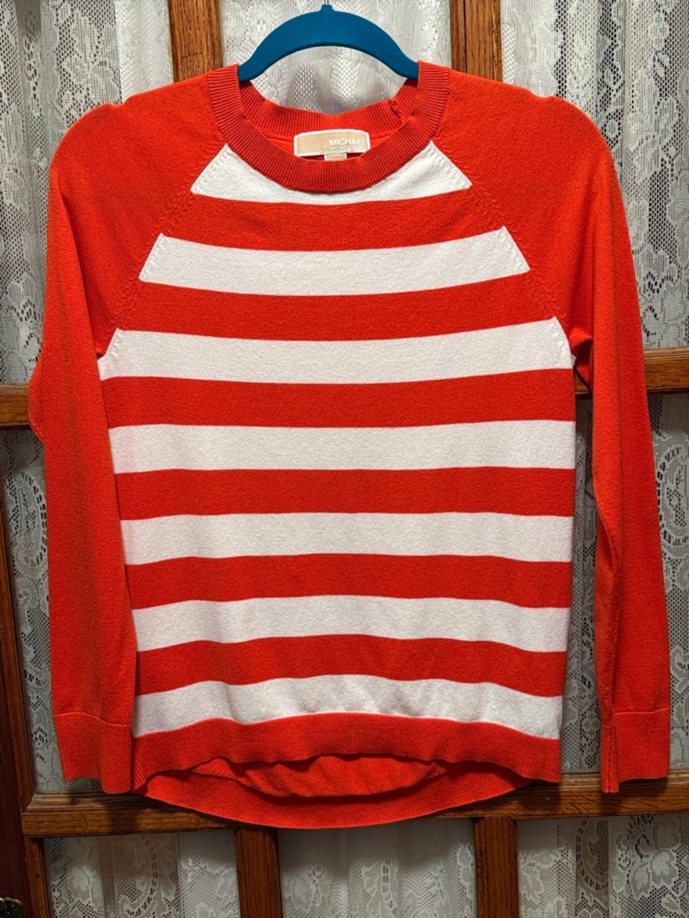 Michael Kors Orange and White Striped Scoopneck Pullover
